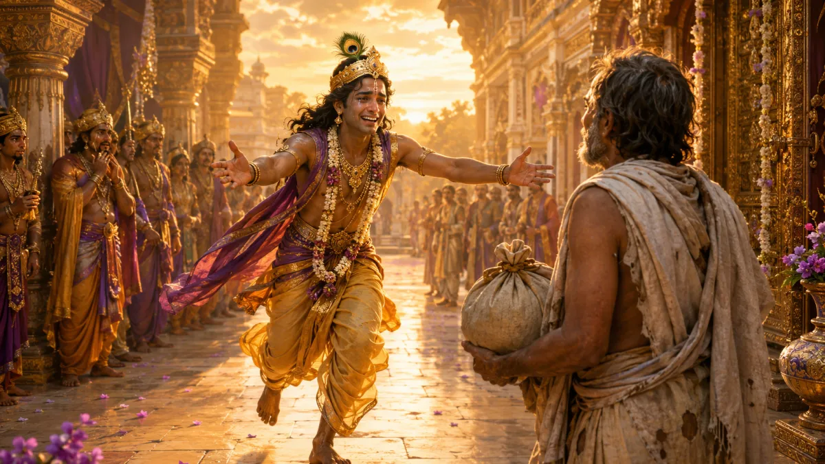 Lord Krishna welcoming his childhood friend Sudama