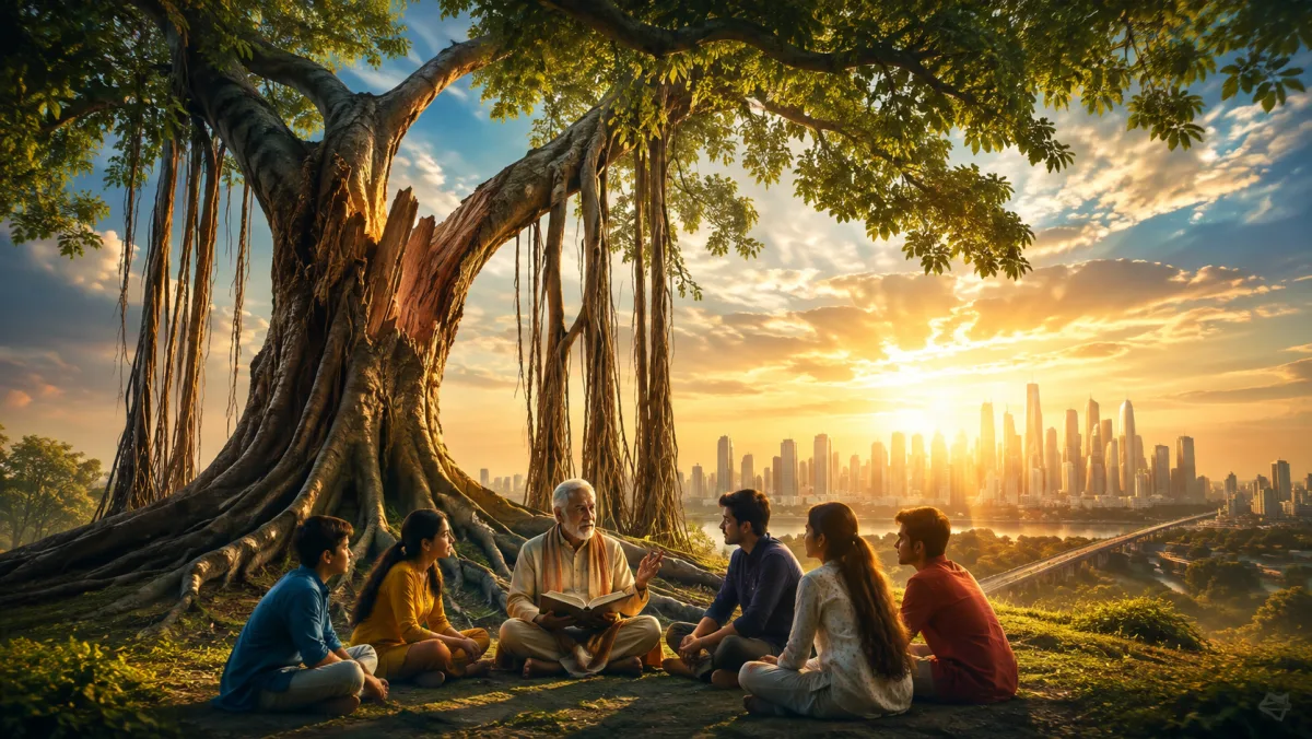 An elder passing down wisdom to the younger generation beneath a banyan tree
