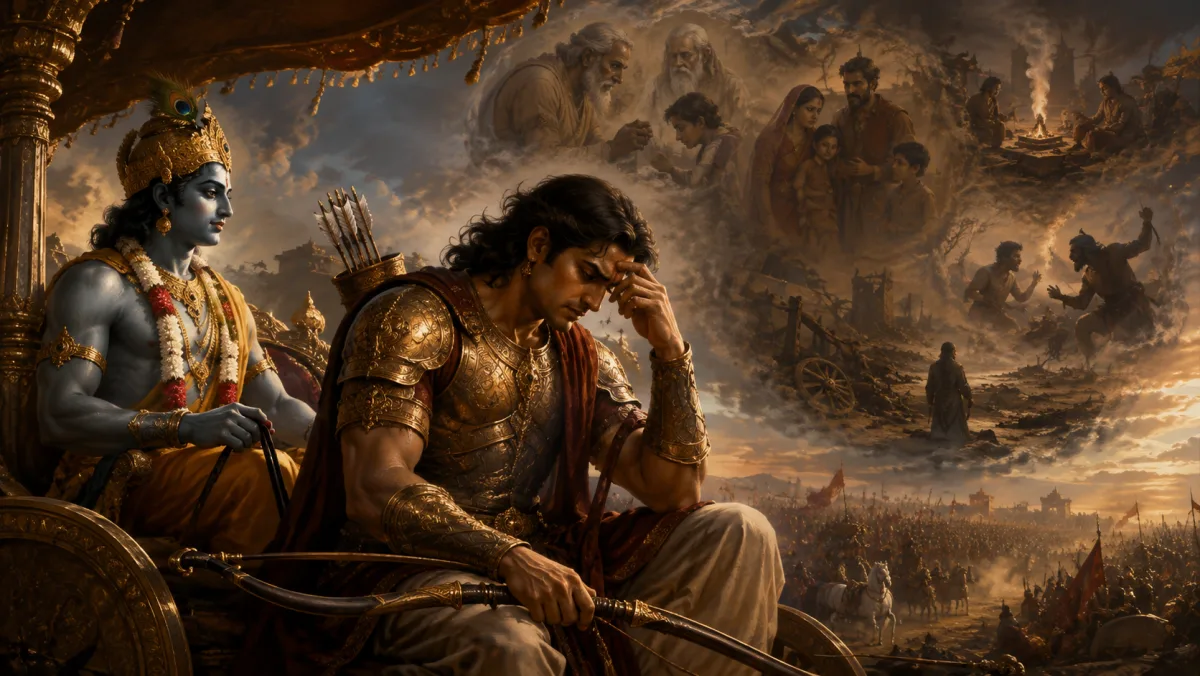 Arjuna expressing his concerns to Lord Krishna on the battlefield of Kurukshetra