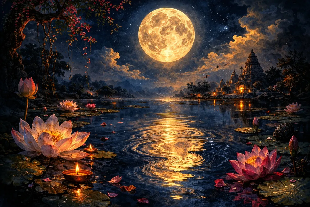 Full moon over a lotus pond with floating diyas and a distant temple — evoking the stillness of the soul