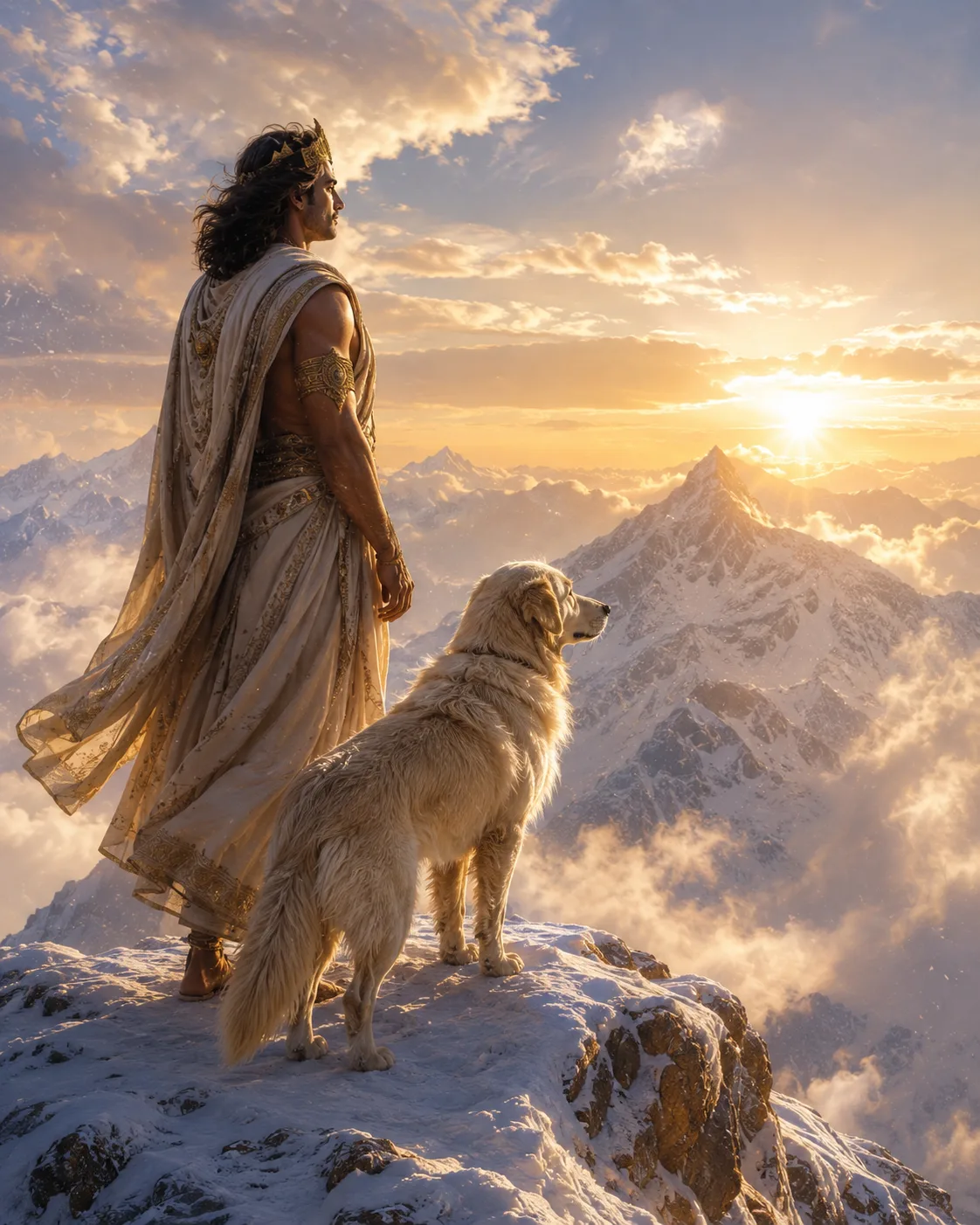 Yudhishthira and the dog standing at the summit of the Himalayas